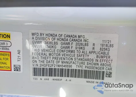 2022 Honda Civic Lx from USA, damaged, VIN 2HGFE2F21NH546696